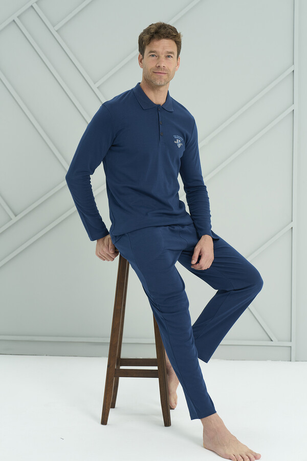 Men's Interlock Knit Long Sleeve Pajama Set 2206 Navy - Thumbnail
