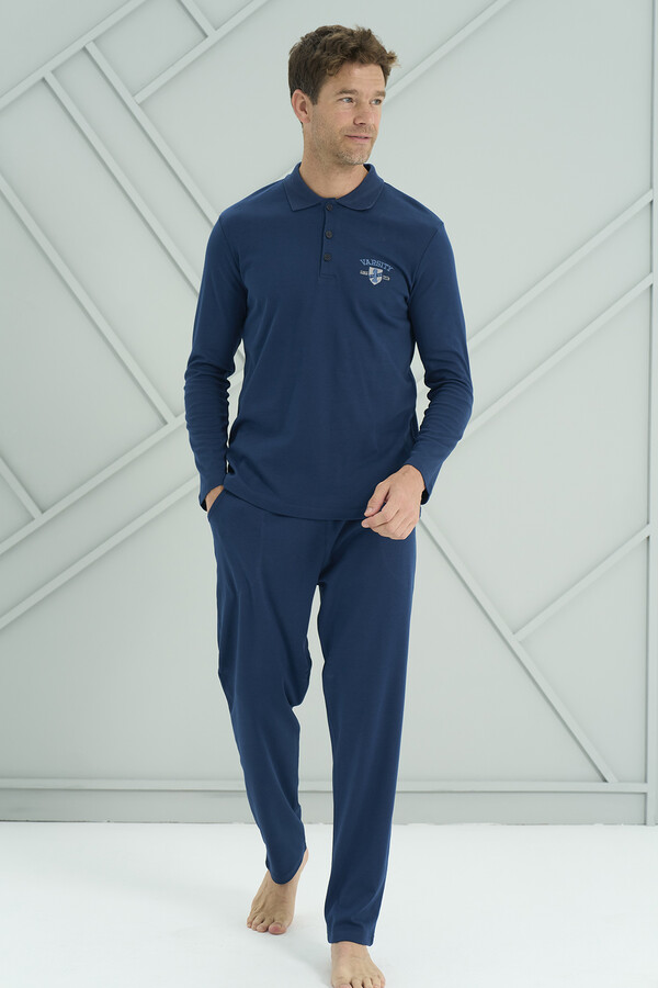 Men's Interlock Knit Long Sleeve Pajama Set 2206 Navy - Thumbnail