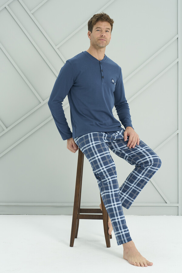 Men's Interlock Knit Long Sleeve Pajama Set 2234 Petrol03 - Thumbnail