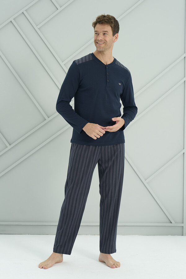 Men's Interlock Knit Long Sleeve Pajama Set 2237 Navy02 - Thumbnail