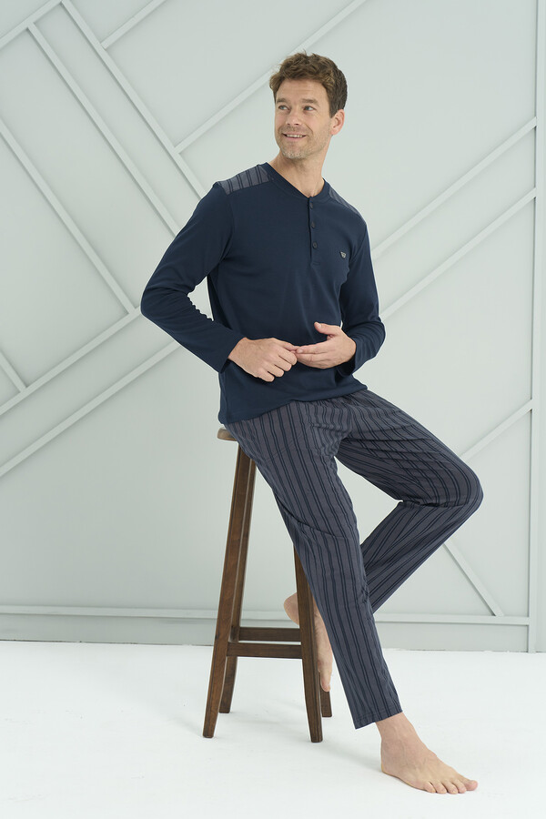 Men's Interlock Knit Long Sleeve Pajama Set 2237 Navy02 - Thumbnail