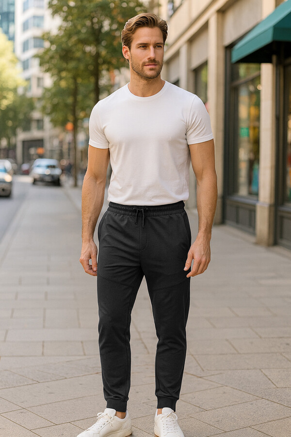 Men's Jogger Pants with Cuffs and Zipper Detail 6630 Black - Thumbnail