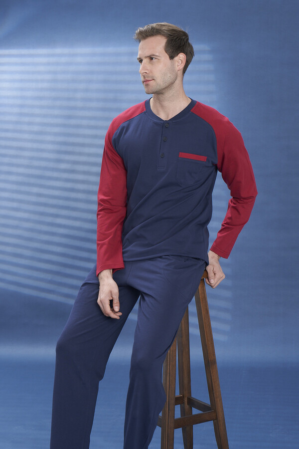 Men's Knit Half-Button Detail Long Sleeve Pajama Set 2120 Laci12 - Thumbnail