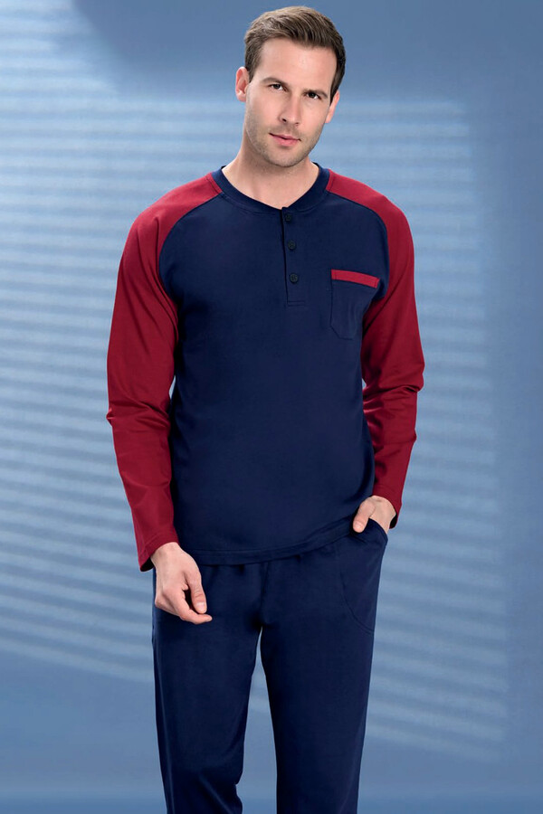 Men's Knit Half-Button Detail Long Sleeve Pajama Set 2120 Laci12 - Thumbnail