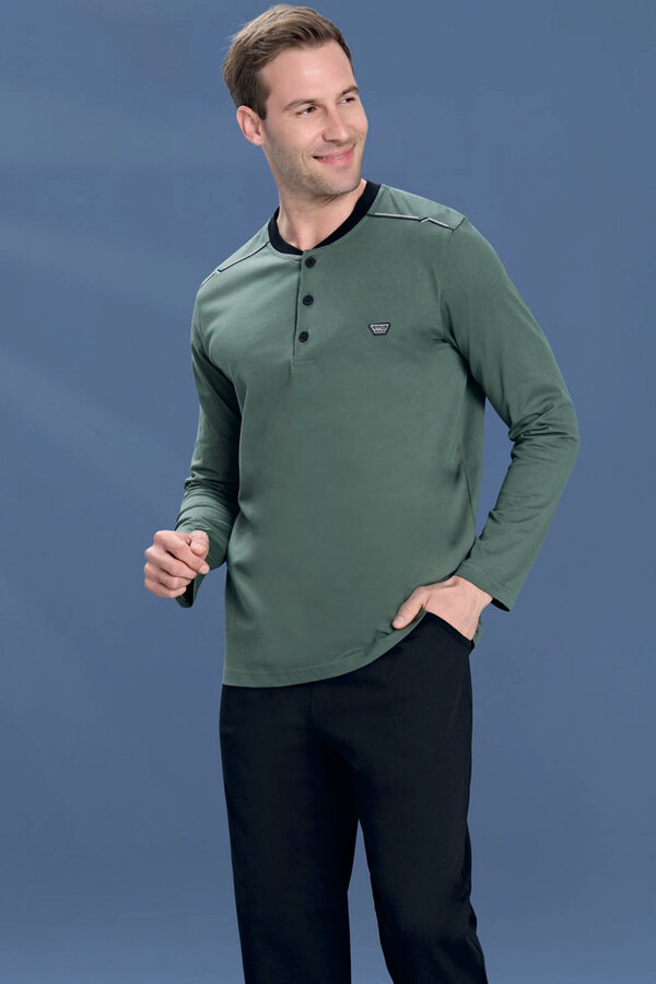 Men's Knit Half-Button Detail Long Sleeve Pajama Set 2127 Khaki - Thumbnail