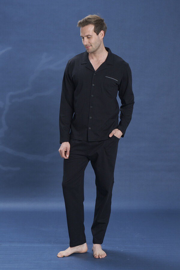 Men's Knit Long Sleeve Pajama Set 2142 Black01 - Thumbnail