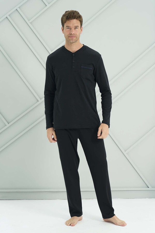 Men's Knit Long Sleeve Pajama Set 2207 Black02 - Thumbnail