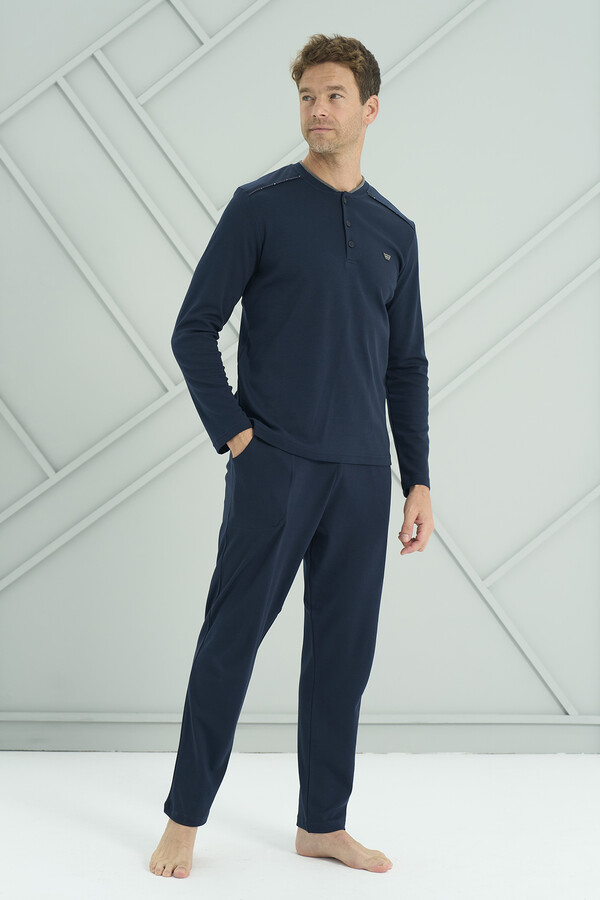 Men's Knit Long Sleeve Pajama Set 2209 Navy04 - Thumbnail