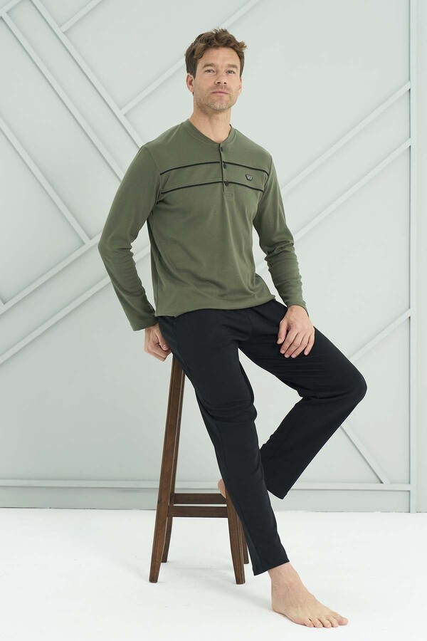 Men's Knit Long Sleeve Pajama Set 2210 Dusty Green - Thumbnail
