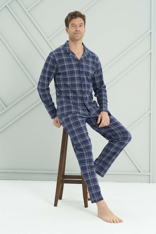 Men's Knit Long Sleeve Pajama Set 2226 Navy06 - Thumbnail