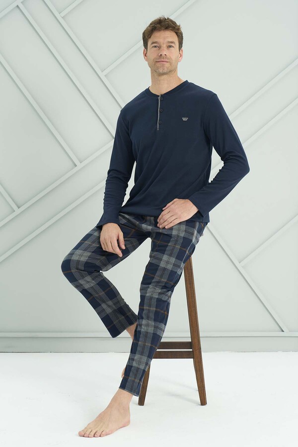 Men's Knit Long Sleeve Pajama Set 2231 Navy05 - Thumbnail