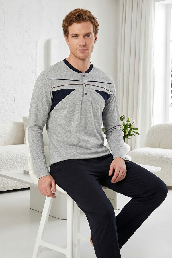 Men's Knit Long Sleeve Sweatshirt Pajama Set 2305 Grey - Thumbnail