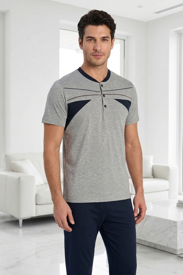 Men's Knit Short Sleeve Pajama Set 2358 Grey - Thumbnail