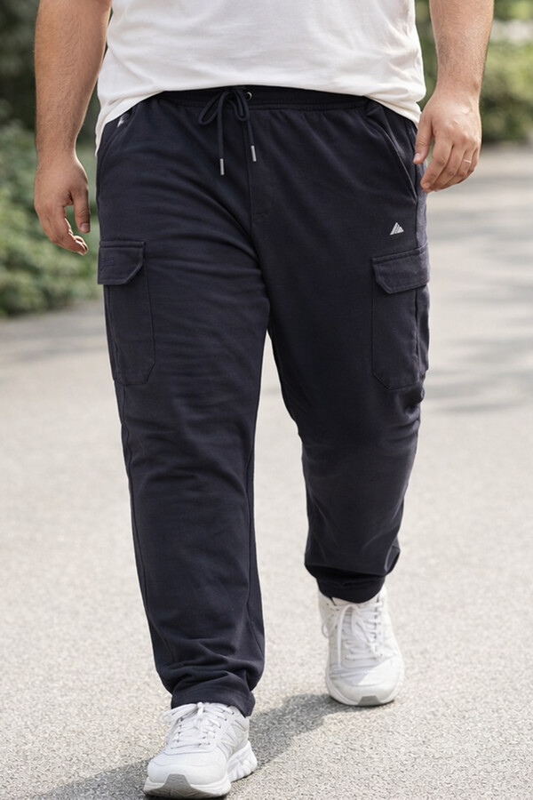 Men's Large Size Navy Cargo Pocket Ribbed Cotton Sweatpants 1709 - Thumbnail