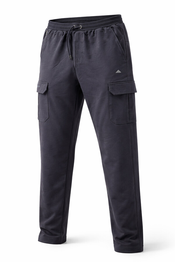 Men's Large Size Navy Cargo Pocket Ribbed Cotton Sweatpants 1709 - Thumbnail