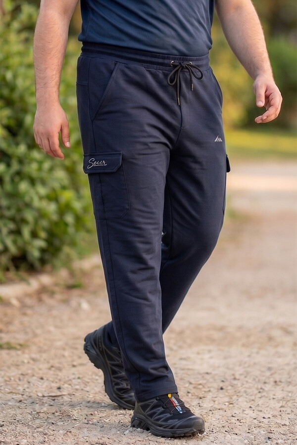 Men's Large Size Navy Cargo Pocket Ribbed Cotton Sweatpants 1709 - Thumbnail