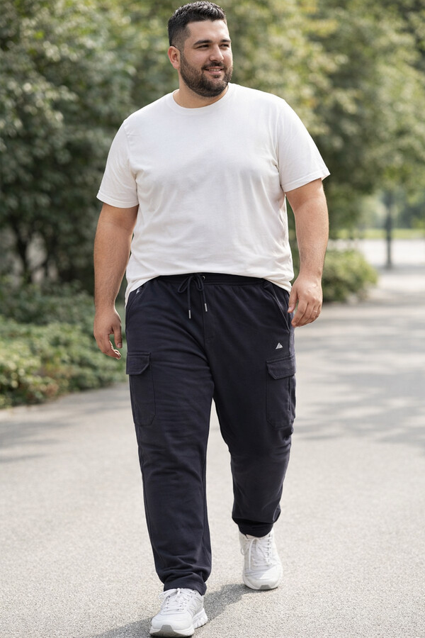 Men's Large Size Navy Cargo Pocket Ribbed Cotton Sweatpants 1709 - Thumbnail