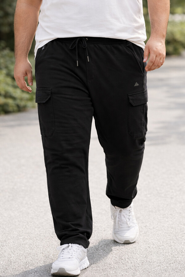 Men's Large Size Ribbed Cotton Cargo Sweatpants 1709 Black - Thumbnail