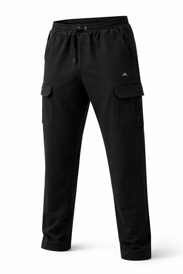 Men's Large Size Ribbed Cotton Cargo Sweatpants 1709 Black - Thumbnail