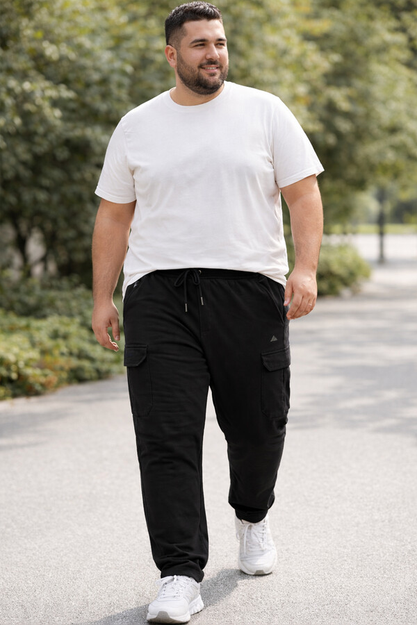 Men's Large Size Ribbed Cotton Cargo Sweatpants 1709 Black - Thumbnail