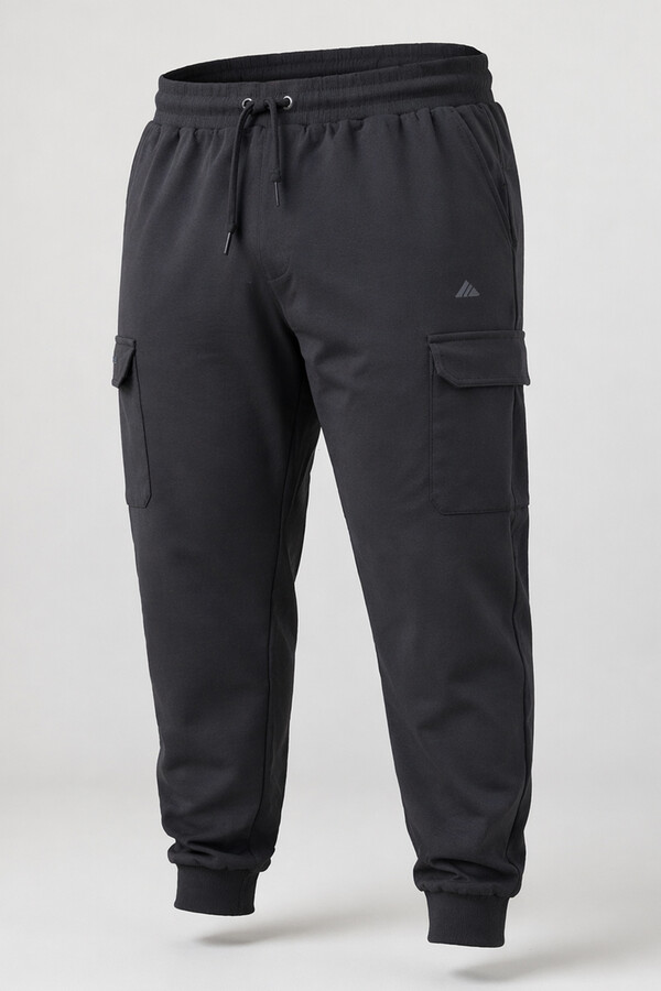 Men's Large Size Ribbed Cotton Sweatpants with Cargo Pockets 9709 Black - Thumbnail