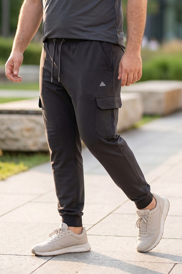 Men's Large Size Ribbed Cotton Sweatpants with Cargo Pockets 9709 Black - Thumbnail