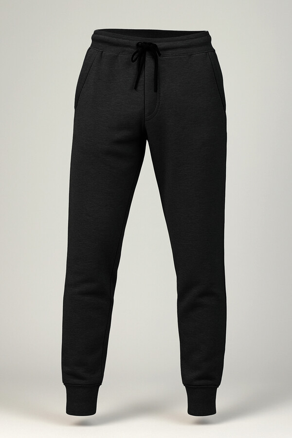 Erkek Leg and Elastic Waist Three-Thread Slub Sweatpants 0341 Black - Thumbnail