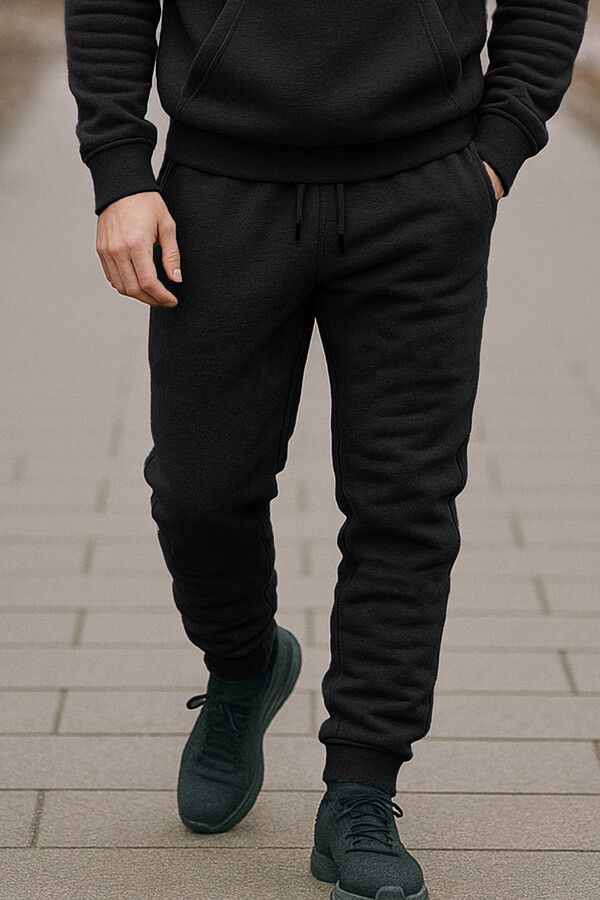 Erkek Leg and Elastic Waist Three-Thread Slub Sweatpants 0341 Black - Thumbnail