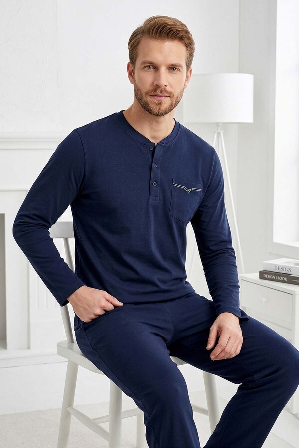 Men's Long Sleeve Cotton Spandex Pajama Set 2302 Navy - Thumbnail