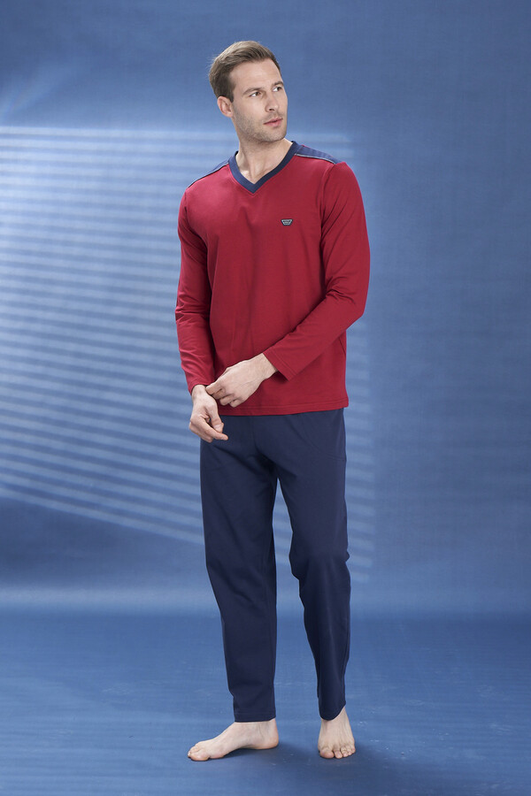 Men's Long Sleeve V-Neck Cotton Jersey Pajama Set in Burgundy 2113 Bordo04 - Thumbnail