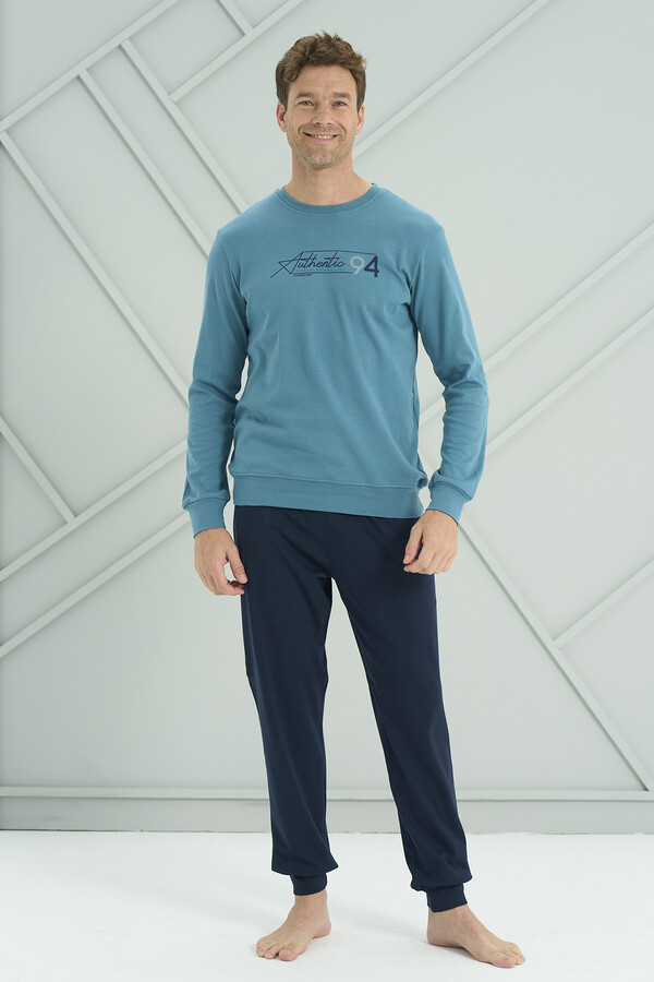 Men's Long-Sleeved Pajama Set in Petrol Blue and Navy - Thumbnail