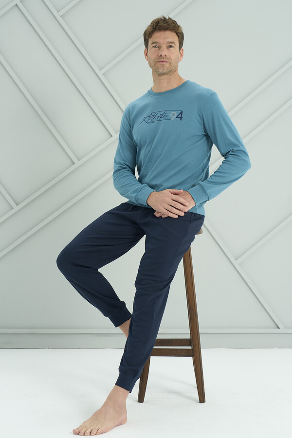 Men's Long-Sleeved Pajama Set in Petrol Blue and Navy - Thumbnail