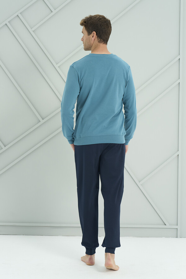 Men's Long-Sleeved Pajama Set in Petrol Blue and Navy - Thumbnail
