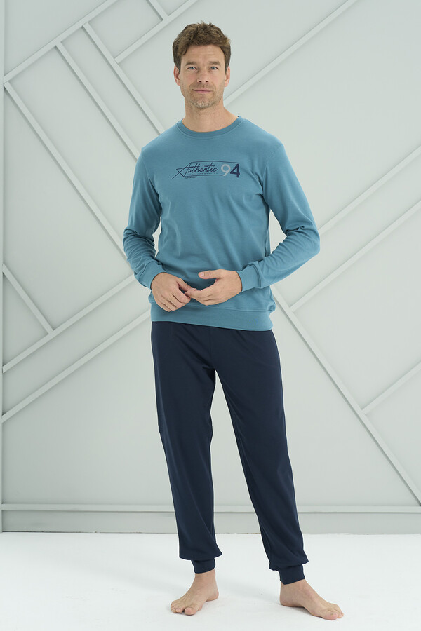 Men's Long-Sleeved Pajama Set in Petrol Blue and Navy - Thumbnail