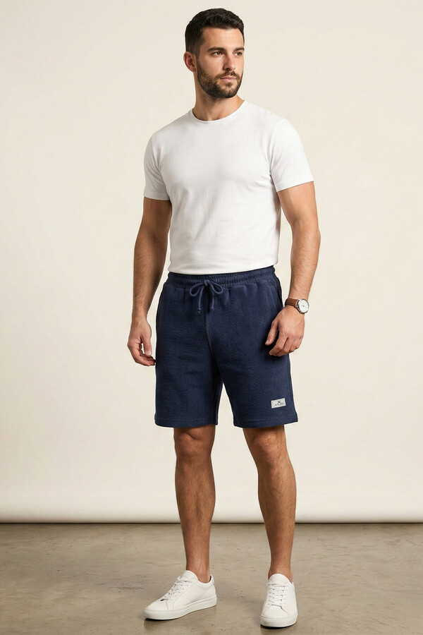 Men's Navy Elastic Waist Pocket Detail Capri Shorts 2177 - Thumbnail