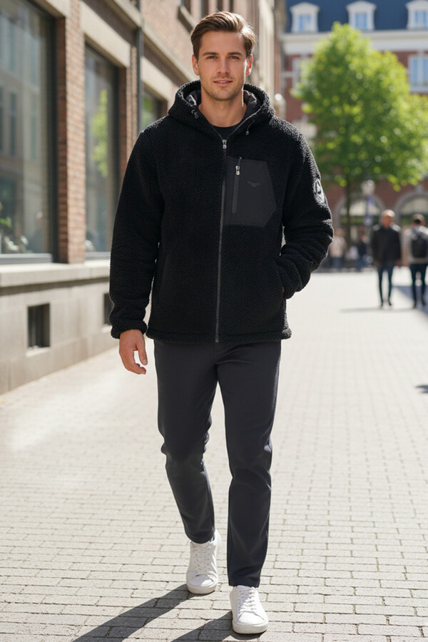 Men's Plush Jacket with Hood and Double Pockets 25725 Black - Thumbnail