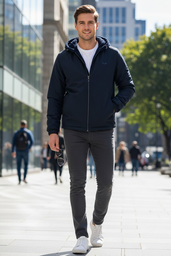 Men's Plush Jacket with Hood and Double Side Pockets 25725 Dark Navy - Thumbnail
