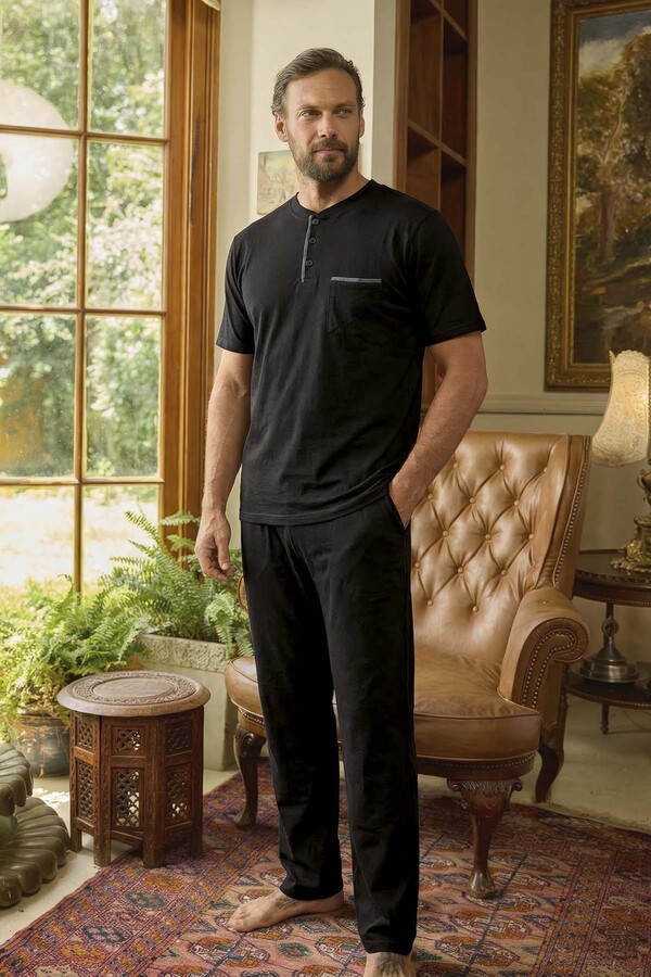 Men's Short Sleeve Cotton Pajama Set 260420 Black01 - Thumbnail