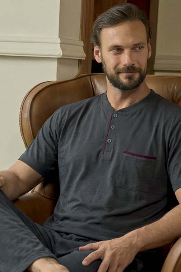 Men's Short Sleeve Cotton Pajama Set 260423 Anthracite02 - Thumbnail