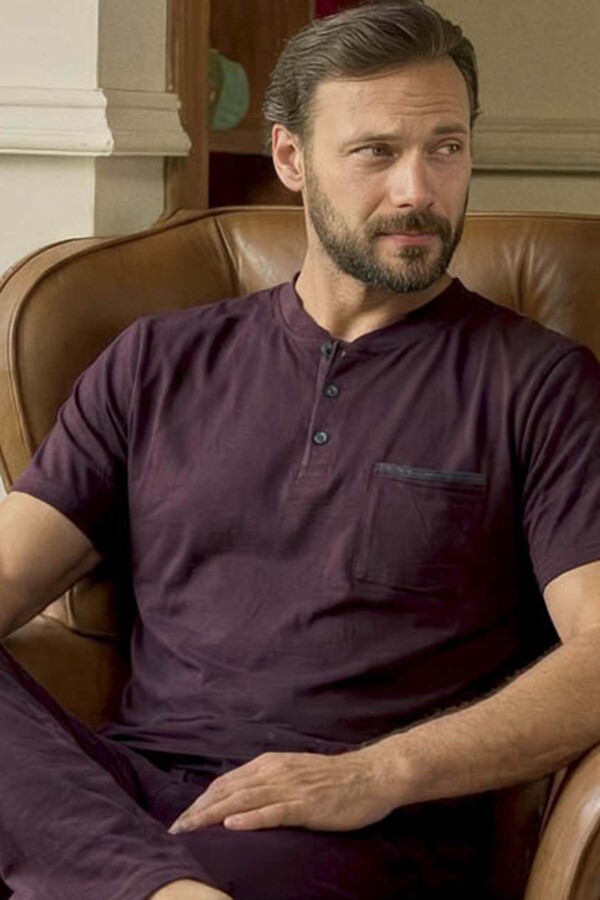 Men's Short Sleeve Cotton Pajama Set Bordo02 - Thumbnail