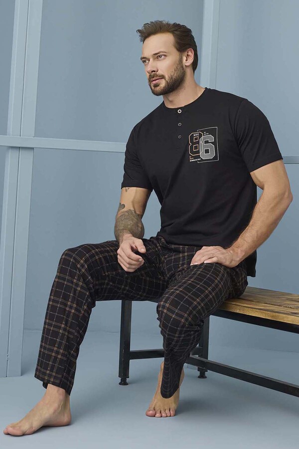 Men's Short Sleeve Cotton Pajama Set 7956 Black - Thumbnail