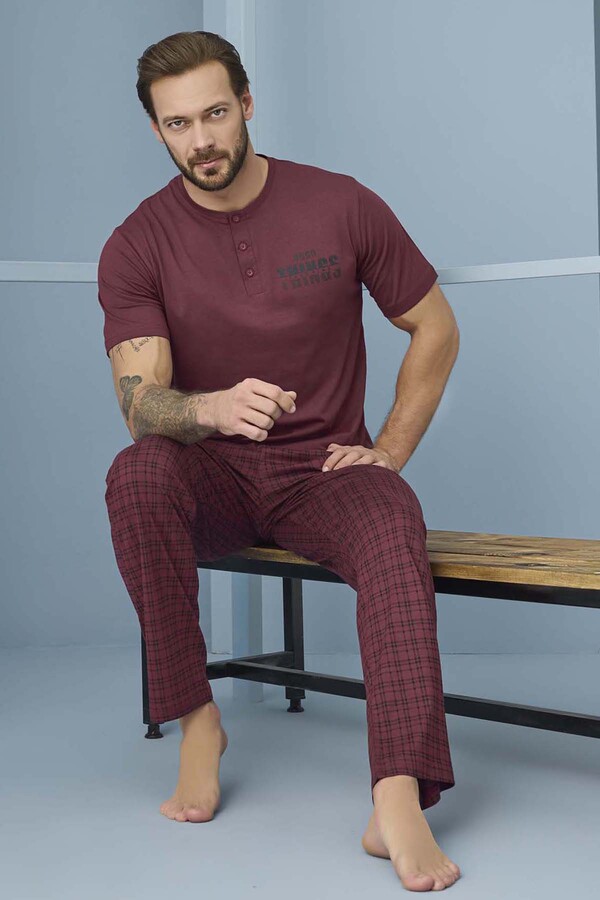 Men's Short Sleeve Cotton Pajama Set 7969 Burgundy01 - Thumbnail