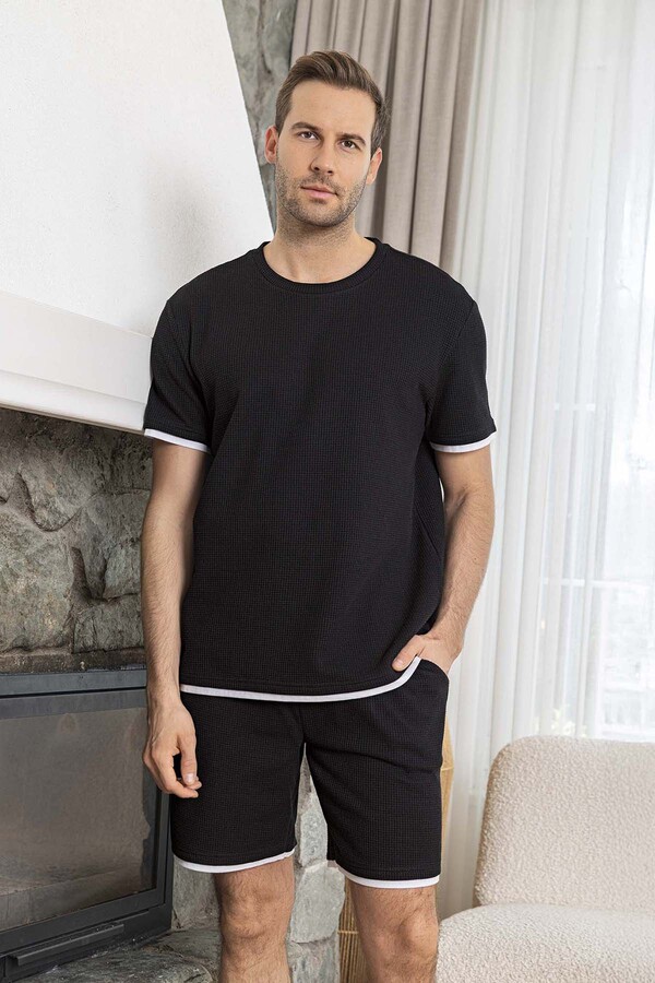 Men's Short Sleeve Detail Waffle Fabric Pajama Set 260106 Black - Thumbnail