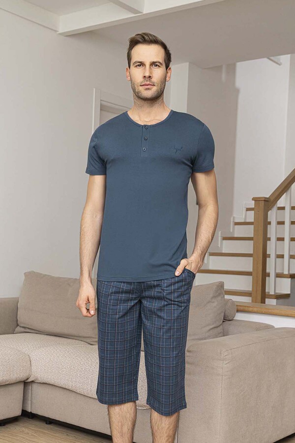 Men's Short Sleeve Modal Pajama Set 260025 Indigo01 - Thumbnail