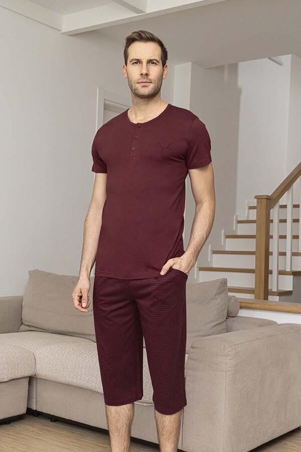 Men's Short Sleeve Modal Pajama Set 260027 Burgundy - Thumbnail
