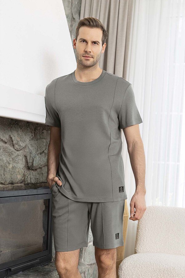Men's Short Sleeve Shorts Pajama Set 260018 Taupe - Thumbnail