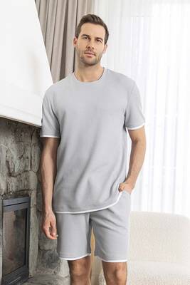 Aydogan - Men's Short Sleeve Waffle Detail Pajama Set 260103 Light Grey