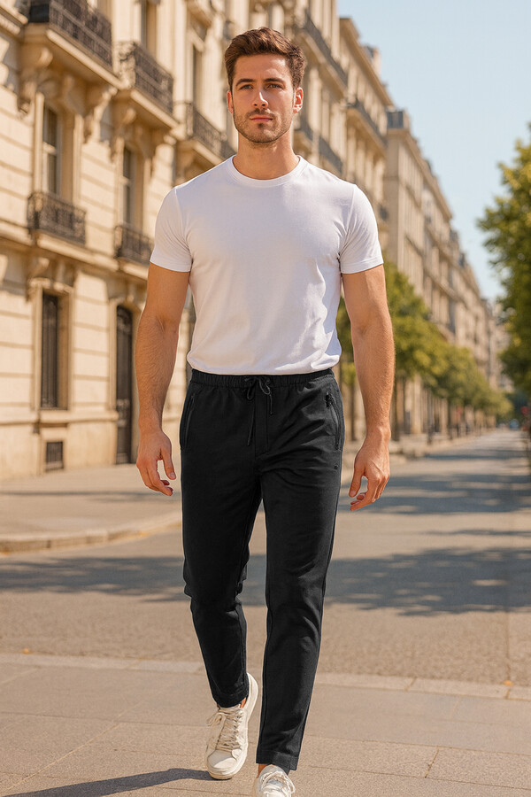Men's Straight Leg Elastic Waist Sweatpants with 3 Pockets 7051 Black - Thumbnail