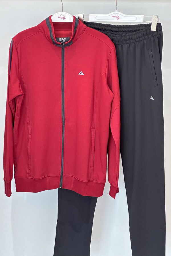 Men's Stretch Jersey Tracksuit Set Burgundy - Thumbnail