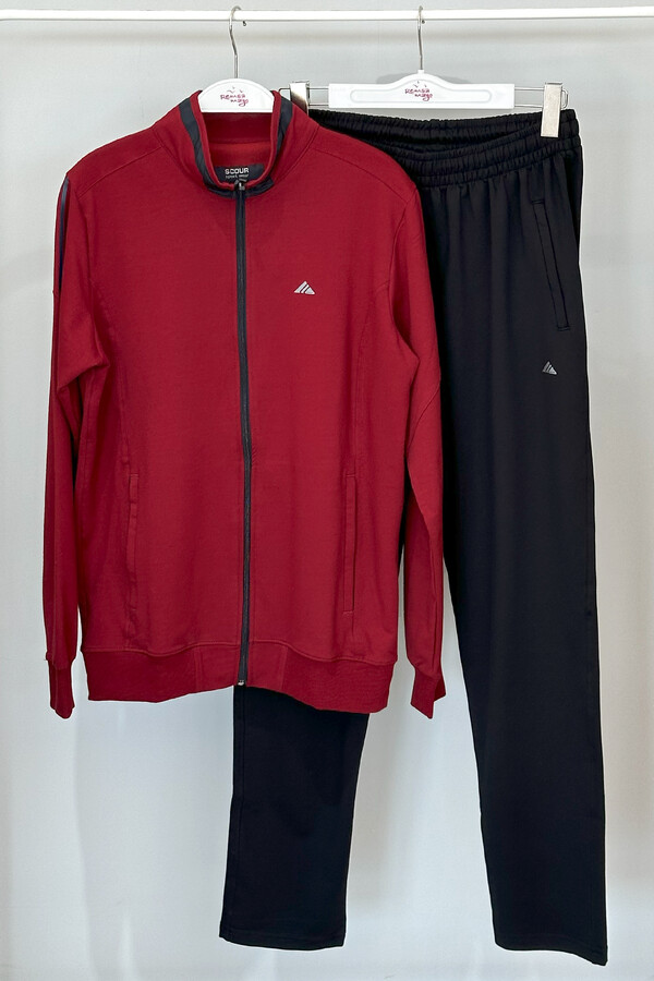 Men's Stretch Jersey Tracksuit Set Burgundy - Thumbnail